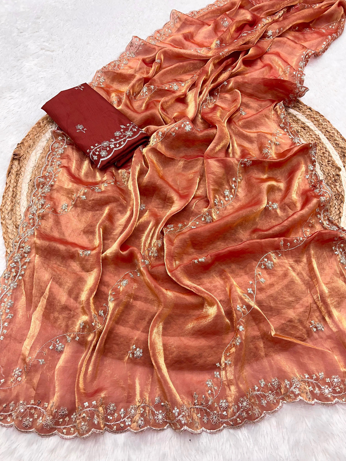 Manjari Tissue Silk Orange Saree