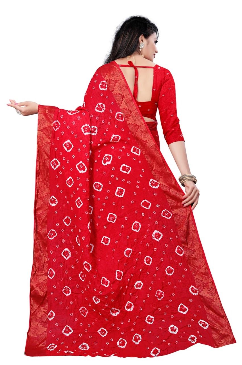 Women's Elegant red Bandhani silk saree with bandhej a traditional embroidery border.
