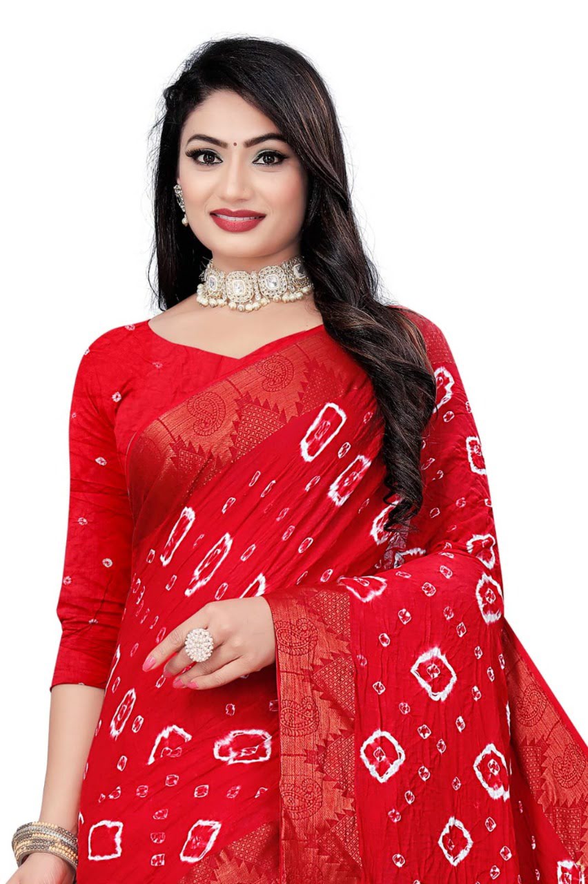 Women's Elegant red Bandhani silk saree with bandhej a traditional embroidery border.
