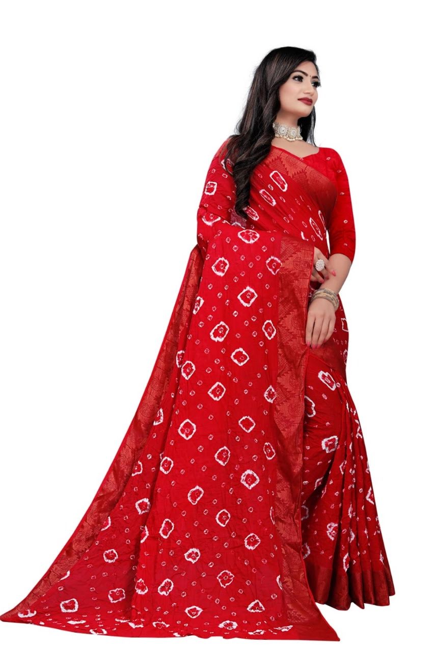 Women's Elegant red Bandhani silk saree with bandhej a traditional embroidery border.